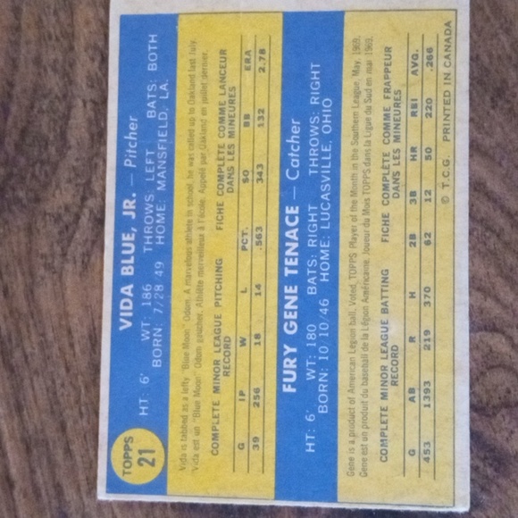 Topps Chewing Gum Oakland A's 1970 rookie card. Includes Vida Blue, Gene Tenace. - Picture 2 of 2